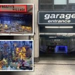 Composite shows a parking garage entrance with a blue glow far inside the garage, with two inset photos of holiday dioramas featuring figurines and lights