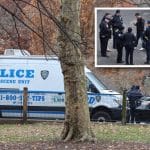 Composite shows an NYPD Crime Scene Unit van and a black Medical Examiner's Office van parked within Central Park with inset photo of several officers standing together within the crime scene