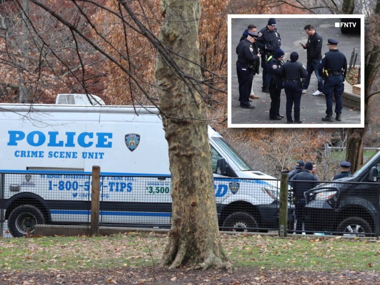 Composite shows an NYPD Crime Scene Unit van and a black Medical Examiner's Office van parked within Central Park with inset photo of several officers standing together within the crime scene