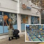 Composite shows a woman pushing a stroller in front of Goldfish Swim School with an inset photo of the large swimming pool inside the school