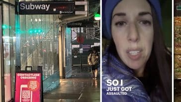 Composite shows a screenshot of Joanie Leeds from a social media video laid over a nighttime photo of an Upper East Side subway station