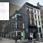 Composite shows a three-quarter view of an Upper East Side street corner with an inset image showing a line-drawing of a high-rise building