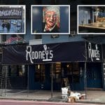 Composite includes a main photo showing a close view view of a blue building featuring a black marquee with white writing featuring the logo for Rodney's. Inset are an old photo of the same marquee from a different angle featuring the name 'Dangerfield's,' a second photo shows a canvas painting of Rodney Dangerfield hanging on a blue wall, and the the third is an interview view of a blue showroom with beige seating.
