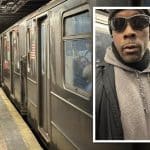 Composite shows a train pulling into a subway station with an inset onto of a the suspect, a man wearing sunglasses and a black knit cap
