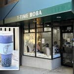 Photo shows a bubble tea shop's storefront with large green awning featuring white all capital letters reading 'T-Time Boba.' Inset is a photo of a purple bubble tea drink in a clear plastic cup with black tapioca beads at the bottom
