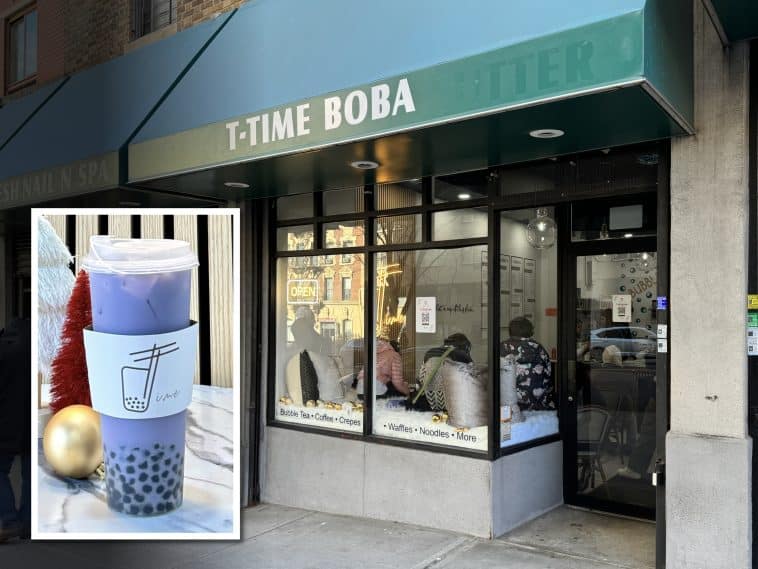 Photo shows a bubble tea shop's storefront with large green awning featuring white all capital letters reading 'T-Time Boba.' Inset is a photo of a purple bubble tea drink in a clear plastic cup with black tapioca beads at the bottom