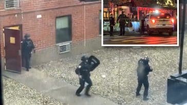 Composite shows a large image of three heavily-armed NYPD Emergency Service Unit officers, one carrying a shield, exiting a Lower East Side apartment building. Inset photo shows an Upper East Side crime scene at night with police tape and an NYPD SUV with its emergency lights on and two officers.