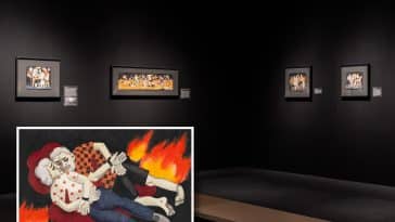 Composite shows the corner of a room painted black with for small illustrations on the walls showing the horrors of the 10/7 terror attacks. Inset illustration shows two grandparents bound in a pool of blood with fire next to them