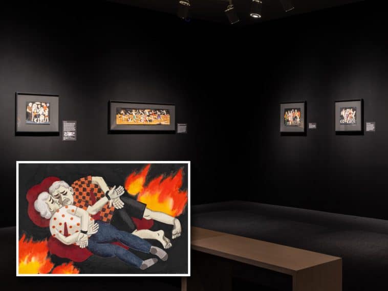 Composite shows the corner of a room painted black with for small illustrations on the walls showing the horrors of the 10/7 terror attacks. Inset illustration shows two grandparents bound in a pool of blood with fire next to them