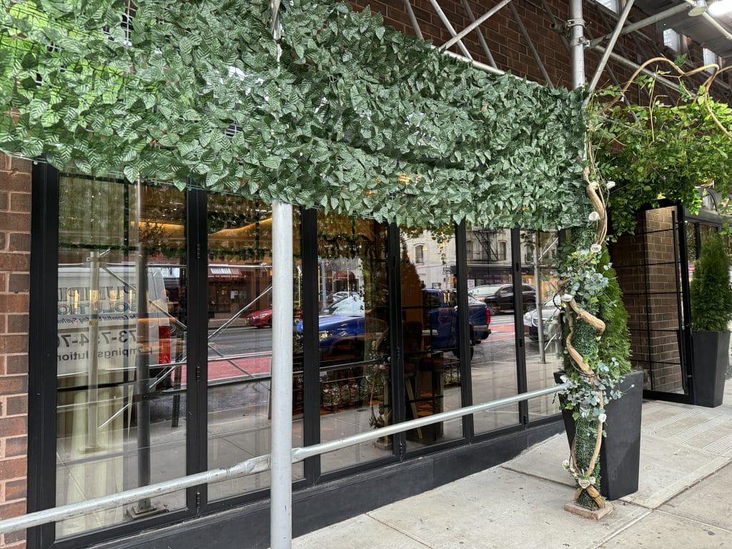 Photo shows an angled view of an all-glass storefront with fake leaves decorating the scaffolding around the building.