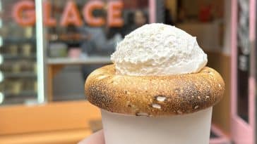 Photo shows a hand holding a white paper cup whose rim is topped with toasted marshmallow and whipped cream, in front of a storefront with 'GLACE' written in orange in the window.