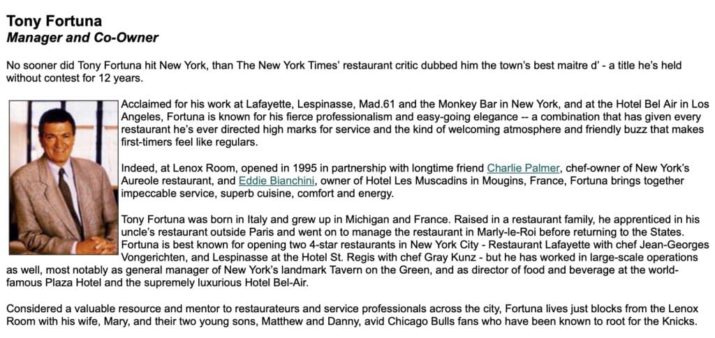 Screenshot shows a four paragraph biography of Tony Fortuna, as well as a photo of the restauranteur from 1998.