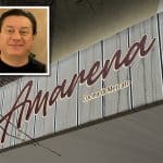 Composite shows a close up of the restaurant name 'Amarena' written in burgundy on a beige awning with thin blue stripes. Inset is a photo of a man with dark hair and a light complexion in a black shirt.