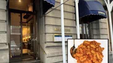 Composite shows a restaurant entrance with on the side of a building with a concrete facade and blue awning’s reading ‘APERITIVO.’ Inset photo shows a bowl of homemade penne in a pink sauce with small chunks of red Calabrian chili peppers