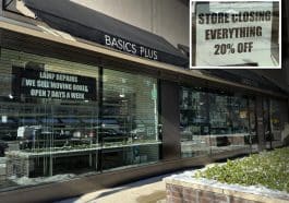 Composite shows an angled view of a retail store with a black awning featuring white lettering reading 'BASICS PLUS.' An inset photo shows a white printed sign reading 'STORE CLOSING EVERYTHING 20% OFF.'
