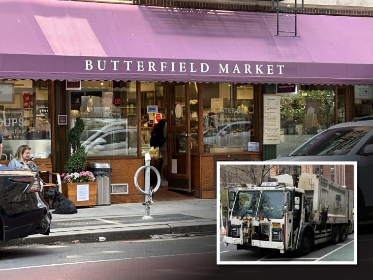Photo shows a close up of a grocery store entrance with a purple awning reading 'BUTTERFIELD MARKET'