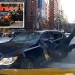 Composite shows a frame grab from video of a black Lexus striking a police office who is thrown into the air as seen from the dashboard camera inside a taxi. Inset photo shows a black Lexus parked with a door open and police officers nearby.