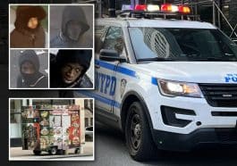 Composite shows a NYPD SUV with its emergency lights on. Inset photos include four suspects seen in dark-colored clothes and a freestanding food cart.