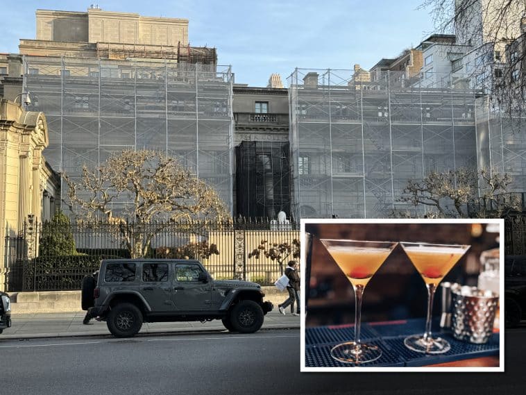 Composite shows a mansion on Fifth Avenue used as a museum shrouded in scaffolding for renovations. Inset is a a photo of two orange cocktails.