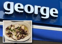 Composite shows a close up of the signage on a restaurant, with a glossy blue background and white lettering reading 'george' in lower case letters. Inset is a photo of a sliced grilled octopus dish.