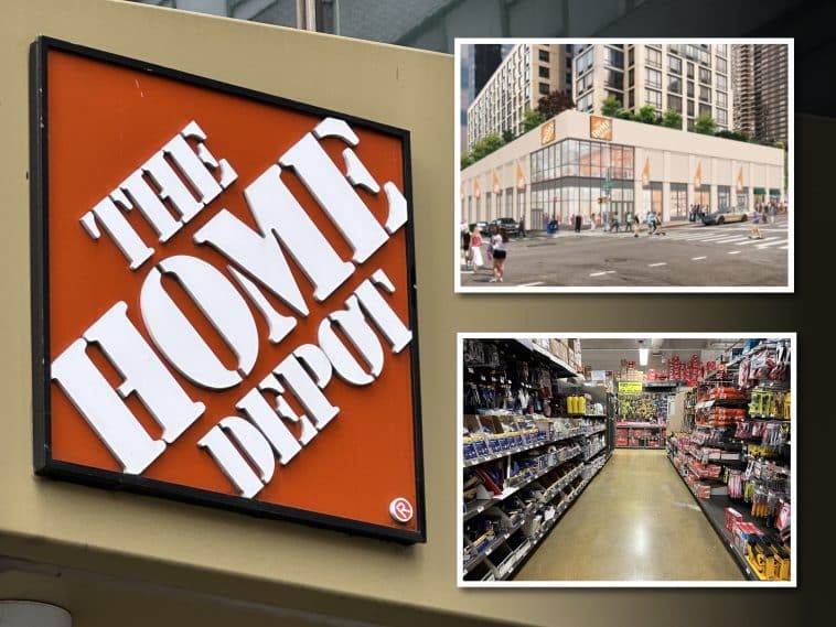 Composite shows a large Home Depot orange-and-white logo on a building. Inset photos include a rendering of a new Home Depot store and an image of a store aisle.