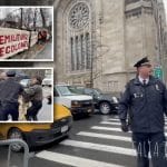 Composite shows a police officer standing in a crosswalk across the street from a large synagogue. Inset photos show protesters with banners reading 'Demilitarize. Decolonize' and a man clashing with a protester while police intervene.