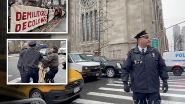 Composite shows a police officer standing in a crosswalk across the street from a large synagogue. Inset photos show protesters with banners reading 'Demilitarize. Decolonize' and a man clashing with a protester while police intervene.