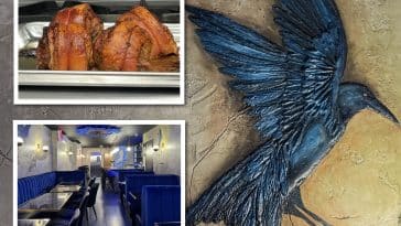 Composite shows a photo of a black maria mulata bird painted on a beige colored wall. Inset photos include two roasted pork bellies on a metal tray and a wide shot of a small restaurant with blue velvet booths and black marble tabletops.
