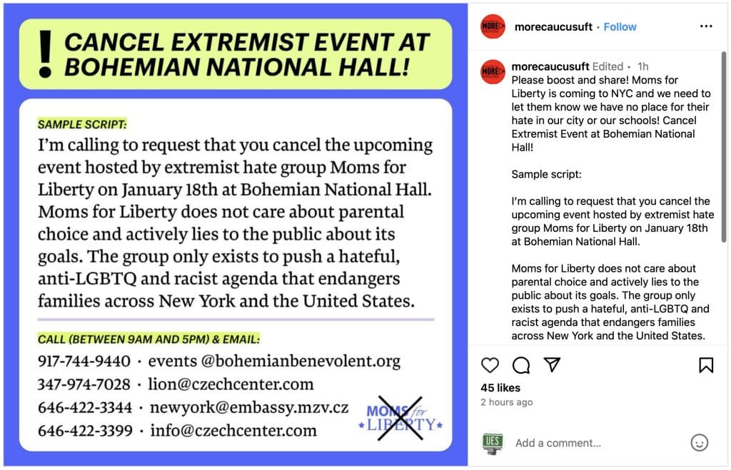 Screenshot shows an instagram post calling on people to contact the Upper East Side venue hosting Moms for Liberty