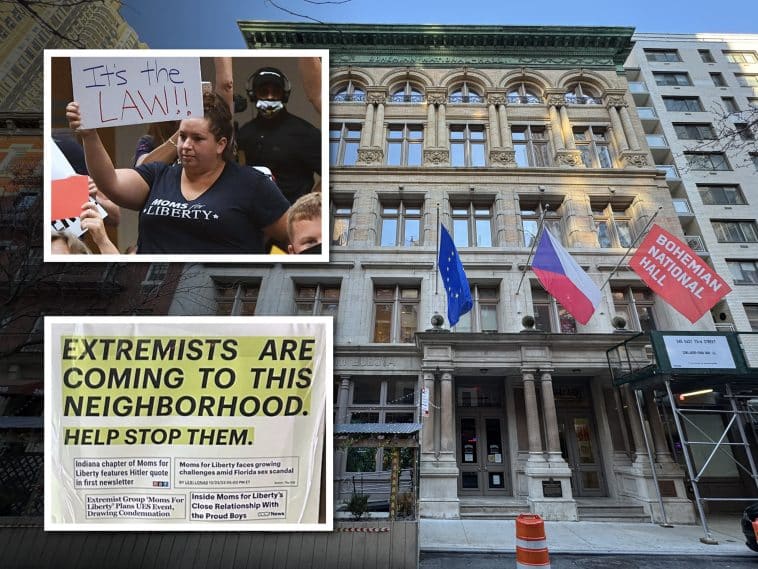 Composite shows a large, five-story historic Upper East Side building with three flags hanging from the facade. Inset photos show a woman wearing a dark blue 'Moms for Liberty' shirt holding a protest sign at a raucous school board meeting and a white flier taped to a wall reading 'Extremists are coming to this neighborhood' and asking neighbors to take action by contacting the venue.