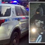 Composite shows a photo of a NYPD SUV with its emergency lights on at night. Inset photo shows two men in black clothes on a dark-colored moped.