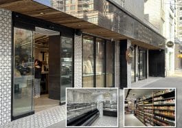Composite shows an angled view of a long storefront covered in patterned white, black and gold tile with a black band across the top of the facade and small round signs on the building reading 'Ouri's.' Inset photo shows an angled view of a luxury grocery store aisle with products on the shelves, which are well lit and have copper accents. Second inset photo shows a spacious butcher and seafood section of a grocery store featuring marble walls, patterned tile and brand new glass display cases.