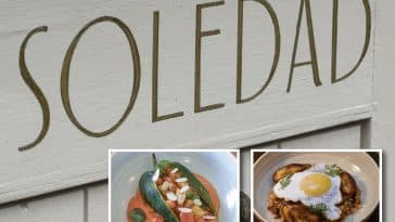Composite shows a close up of a gold hand-painted logo on a pink painted door reading SOLEDAD. One inset photo shows a white bowl filled with rice and plantains with a sunny side up egg on top. The other shows a bowl with a split open pepper stuffed with vegetables in a pink sauce and topped with pumpkin seeds.