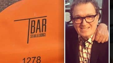 Composite shows the front of the original TBar's orange awning with the name written in black lettering. Inset is a photo of Tony Fortuna, an older man with a light complexion wearing glasses.