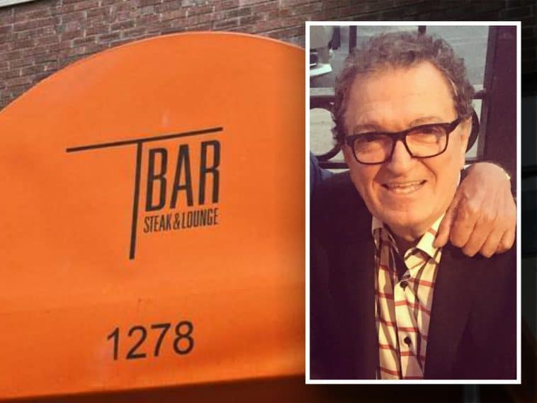 Composite shows the front of the original TBar's orange awning with the name written in black lettering. Inset is a photo of Tony Fortuna, an older man with a light complexion wearing glasses.