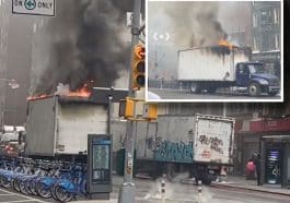 Composite shows a truck on Second Avenue with its roof on fire and smoke billowing. Inset photo shows a truck with a dark blue cab and large white box whose roof is on fire and charred black, billowing smoke.