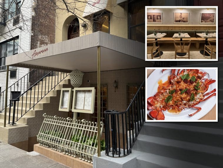Composite shows a below street level restaurant storefront with a short staircase down to the entrance covered by a beige and blue striped awning. Inset photos show Photo shows a small dining room with stone-like walls, sage green custom booth seating, marble tables and light brown chairs, as well as a white plate with a split open cooked lobster topped with sausage and rice.