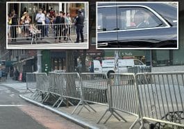 Composite shows metal barricades lined up on a curb. Inset photos show people standing behind barricades and a silhouette of a man inside a limousine.