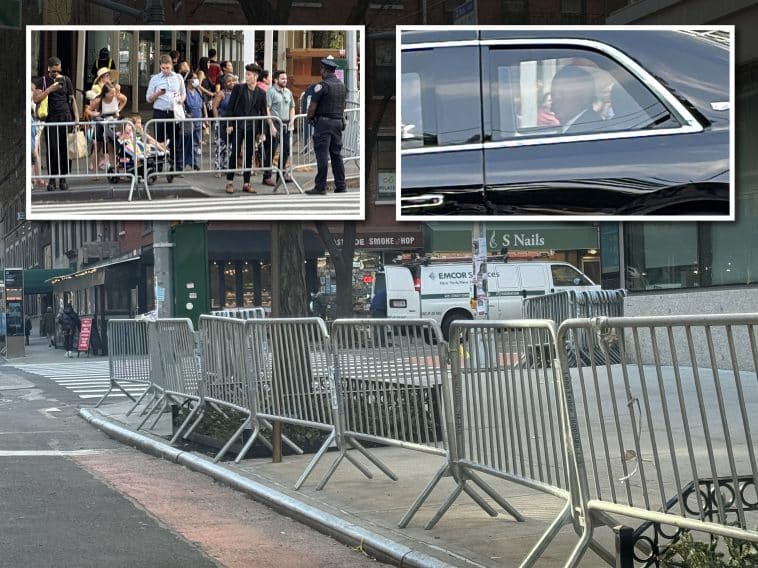Composite shows metal barricades lined up on a curb. Inset photos show people standing behind barricades and a silhouette of a man inside a limousine.