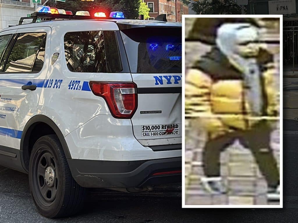 Photo shows the rear of an NYPD SUV with its emergency lights on. Inset is a photo of a robbery suspect.