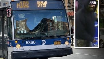 Composite shows the front of an MTA bus, inset is a surveillance photo of sexual assault suspect wearing a black hoodie and winter hat with the 'Harlem' embroidered in white.