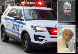 Composite shows an NYPD SUV with its emergency lights on. Inset is a photo of a man with a mustache and soul patch wearing a black parka and grey winter hat. A second inset photo shows an elderly man in a hospital gown.