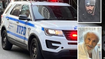 Composite shows an NYPD SUV with its emergency lights on. Inset is a photo of a man with a mustache and soul patch wearing a black parka and grey winter hat. A second inset photo shows an elderly man in a hospital gown.