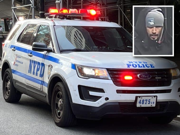 Composite shows an NYPD SUV with its emergency lights on. Inset is a photo of a man with a mustache and soul patch wearing a black parka and grey winter hat.