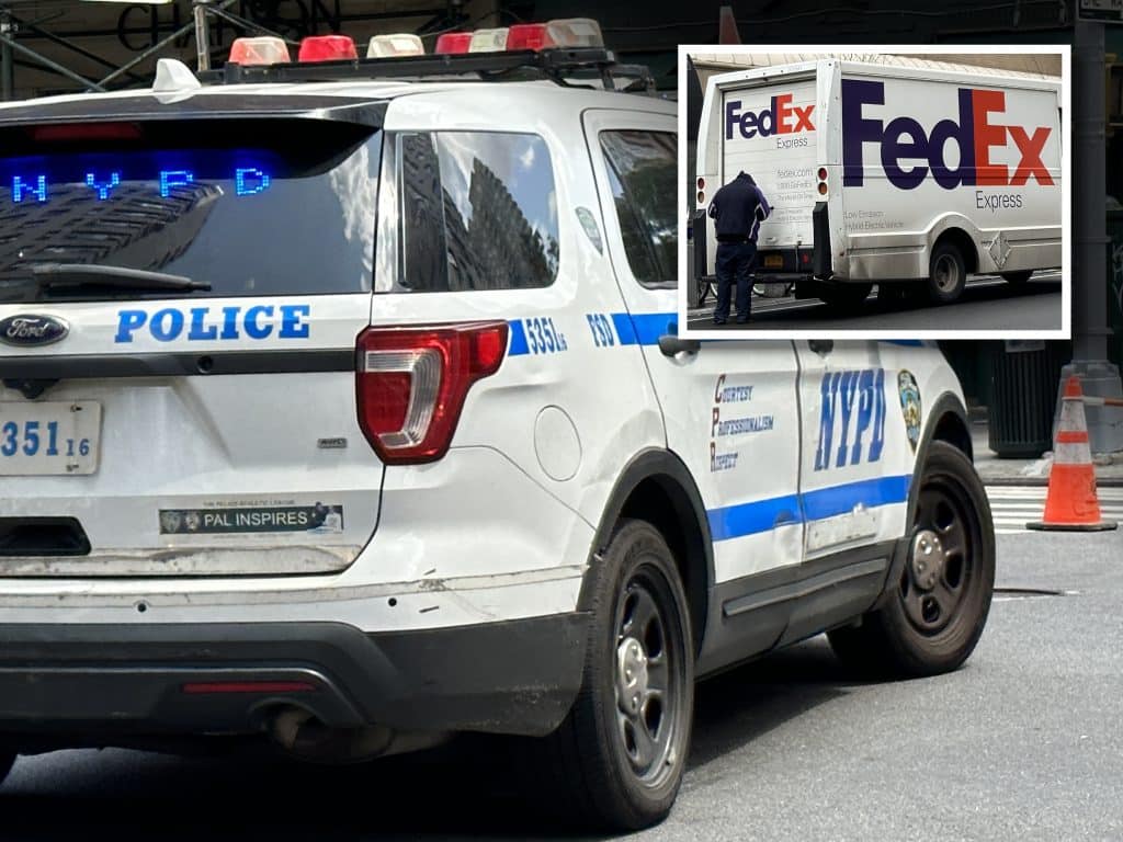 Composite shows an NYPD cruiser with its emergency lights on. Inset is a photo of a worker standing behind a FedEx truck.