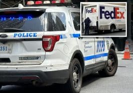 Composite shows an NYPD cruiser with its emergency lights on. Inset is a photo of a worker standing behind a FedEx truck.