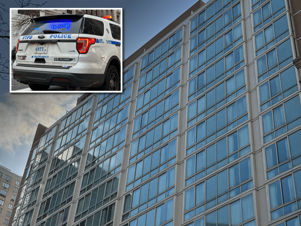 Composite shows a high rise hotel Inset is a photo of an NYPD SUV with its emergency lights on.