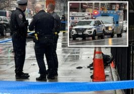 Composite shows three NYPD officers guarding a crime scene. Inset is a photo of an NYPD SUV and an ambulance.