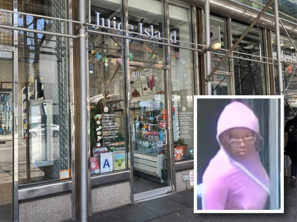 Composite shows the exterior of a juice shop. Inset is a photo of the stabbing suspect, a woman in a pink hoodie.
