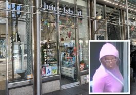 Composite shows the exterior of a juice shop. Inset is a photo of the stabbing suspect, a woman in a pink hoodie.